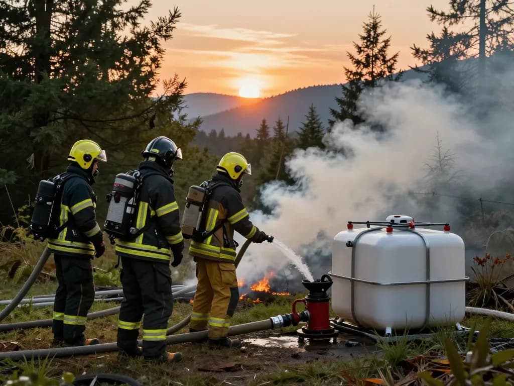 Löschwasserzisterne Planung Brandschutz demonstriert von Feuerwehrleuten an einem abgelegenen Ort, zeigt Notfallbereitschaft mit tragbaren Wasserreservoirs.