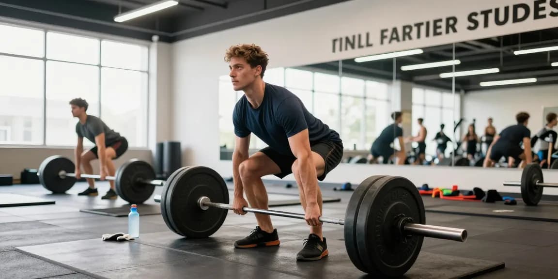 Anabolika Shop – Athletic man lifting weights in a vibrant fitness studio, showcasing dedication to muscle growth and strength training.