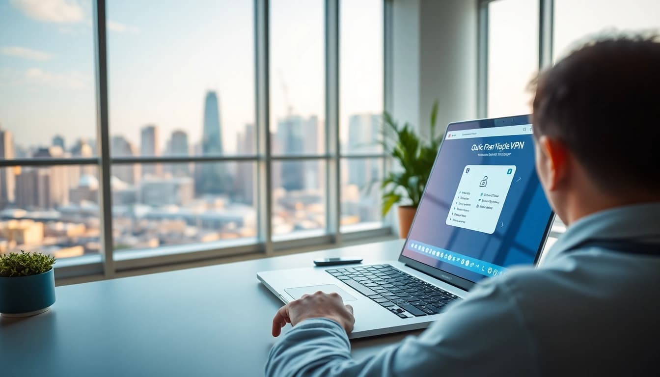 在现代工作区的笔记本电脑上显示的 QuickQ VPN 界面，象征安全的全球连通性。