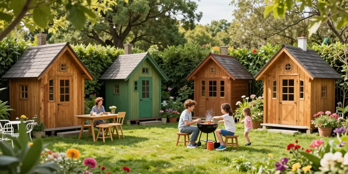 Verschiedene Gartenhäuser von McGarden24 in einem blühenden Garten, ideal für Familien und entspannte Nachmittage.