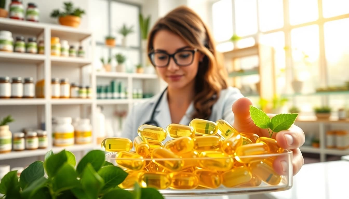 Vegane Nahrungsergänzungsmittel in gut beleuchtetem Klinikraum mit hochwertigem Ansatz