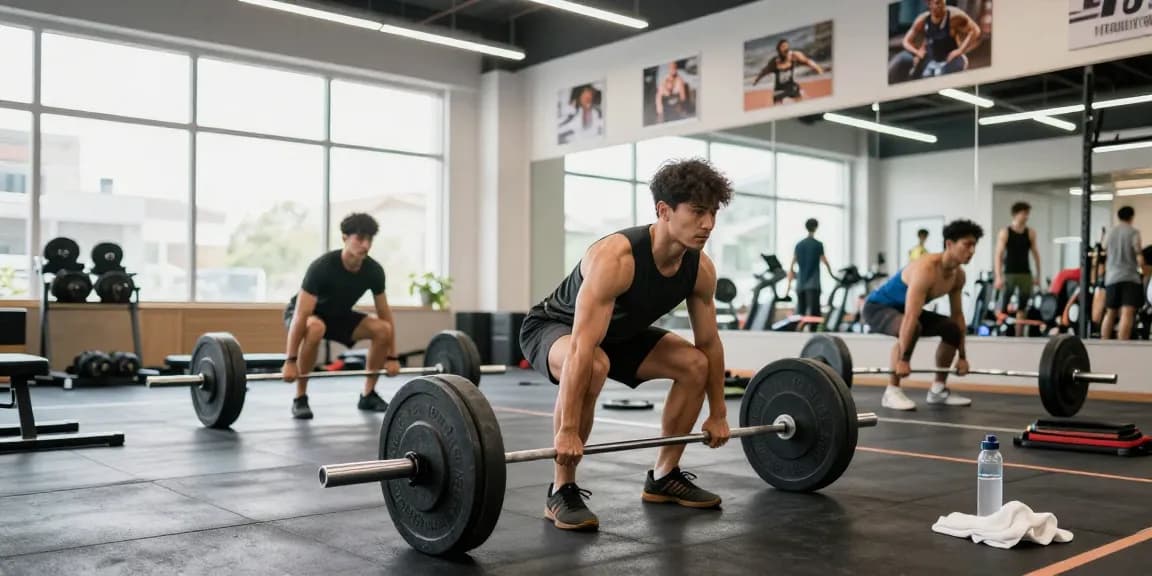 Der Athlet hebt Gewichte im Astera Shop Fitnessstudio, umgeben von Trainingsgeräten und motivationalen Plakaten.
