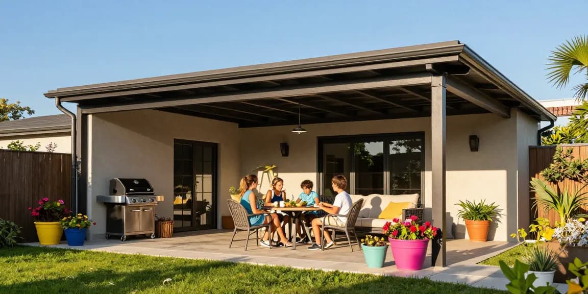Familie genießt den sonnigen Tag unter einer freistehenden Terrassenüberdachung im Garten.