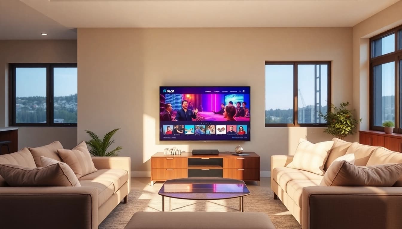 Iptv Anbieter präsentiert moderne Streaming-Dienste in einem stilvollen Wohnzimmer.
