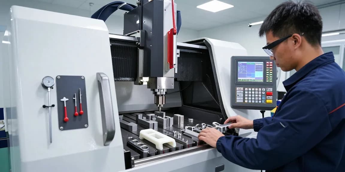 CNC-Bearbeitung in einer modernen Werkstatt mit einem Techniker, der präzise Maschinen bedient.