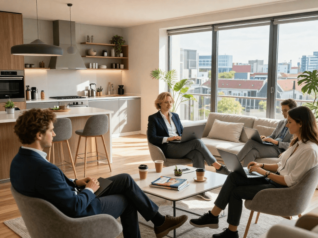 Eine Gruppe von Geschäftsreisenden in einem komfortablen Apartment in Hannover, Monteurzimmer mieten Hannover für Messen.
