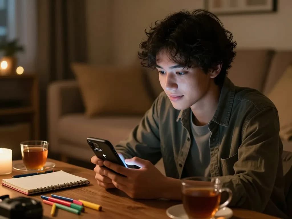 Young adult engaged in sexting AI chat on smartphone in cozy room, capturing modern digital intimacy.