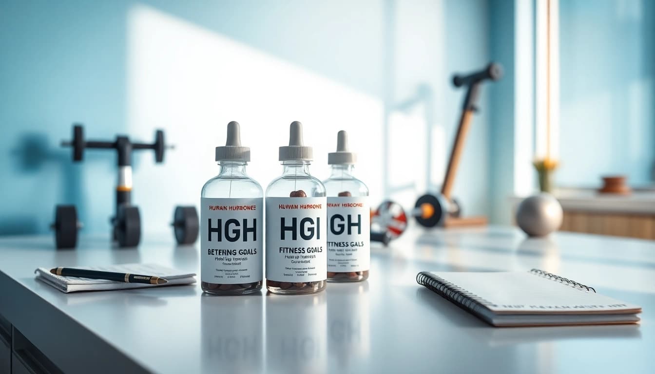 HGH kaufen für Fitnessziele: Professionelle HGH-Flaschen auf einem modernen Tresen.