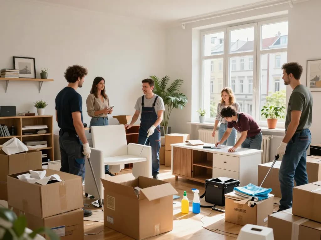 Effizientes Team für Immobilienräumung führt Räumung Wien in einer modernen Stadtwohnung durch, zeigt organisiertes Sortieren und professionelles Serviceumfeld.