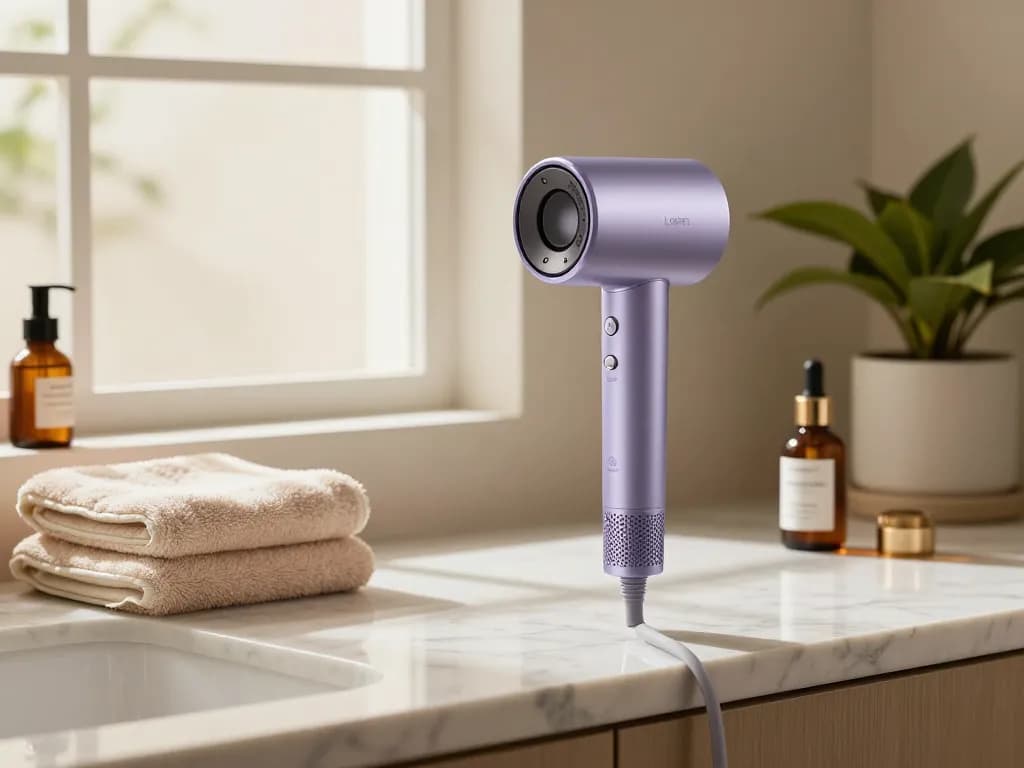 Laifen Haartrockner UK elegant in einem modernen Badezimmer-Setup mit luxuriösen Schönheitsprodukten präsentiert.