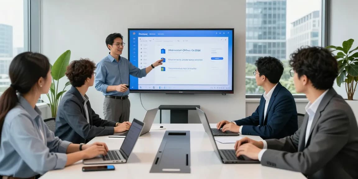 Effektive Zusammenarbeit im Büro mit Microsoft Office Mac 2024 Software legal erwerben in modernem Konferenzraum.