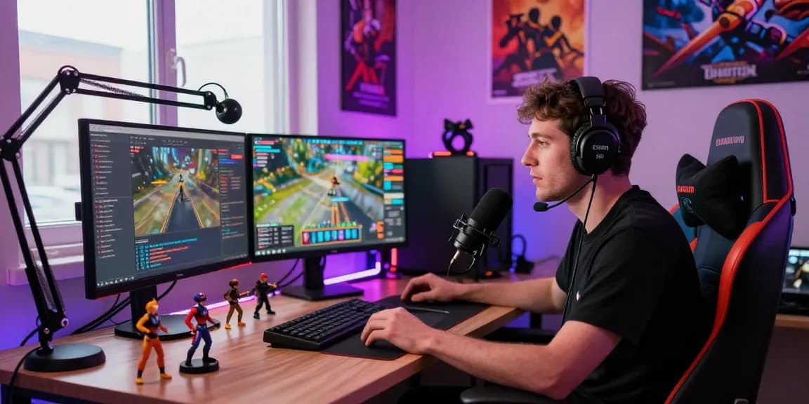 Streaming zu Hause mit dem Kauf von Twitch-Followern, lebendige Atmosphäre und technische Ausrüstung sichtbar.