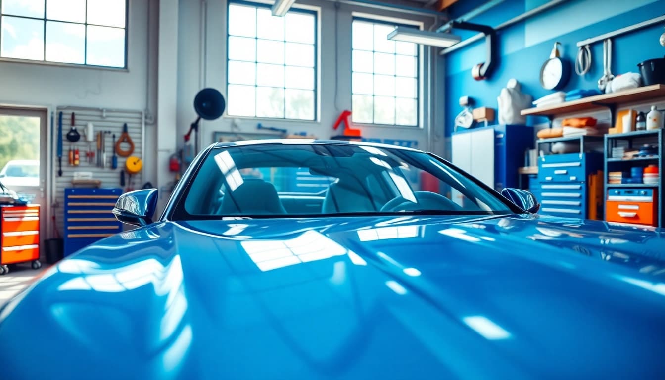 Fahrzeugaufbereitung an einem glänzenden Auto in einer ordentlichen Werkstatt.
