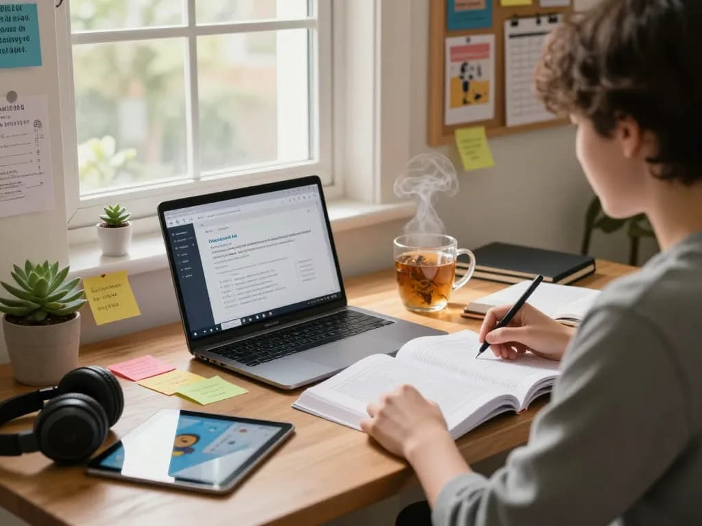 Student, der Hausaufgaben KI kostenlos in einem gemütlichen Lernraum mit Lehrbüchern und einem Laptop verwendet
