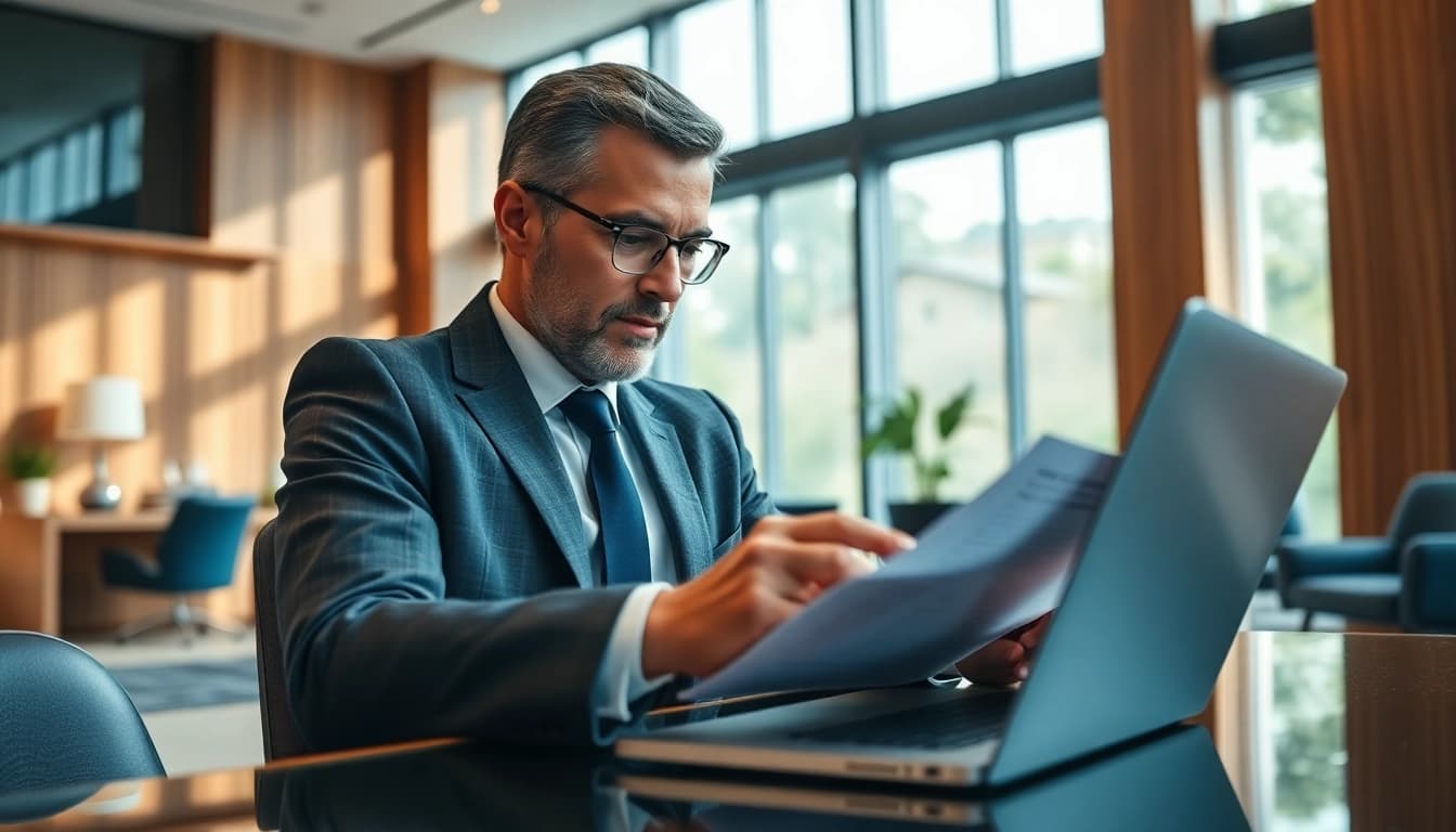 Headhunter Schweiz analysiert Lebensläufe in einem modernen Büro.