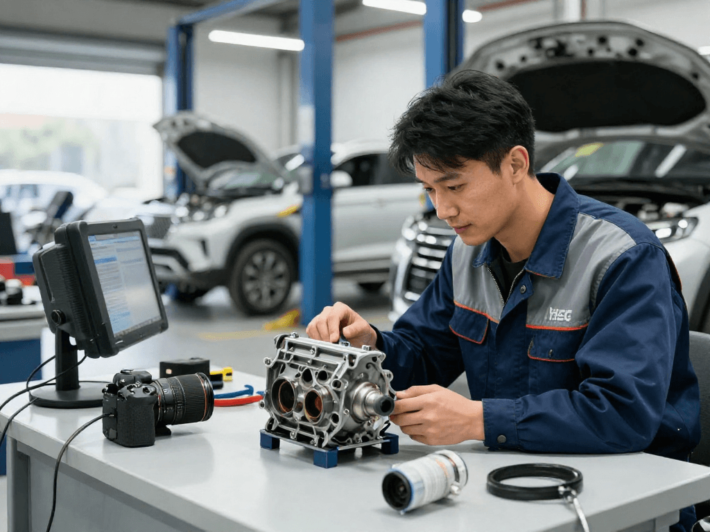 DPF Reinigung Laatzen - Mechaniker überprüft Dieselpartikelfilter in Werkstatt