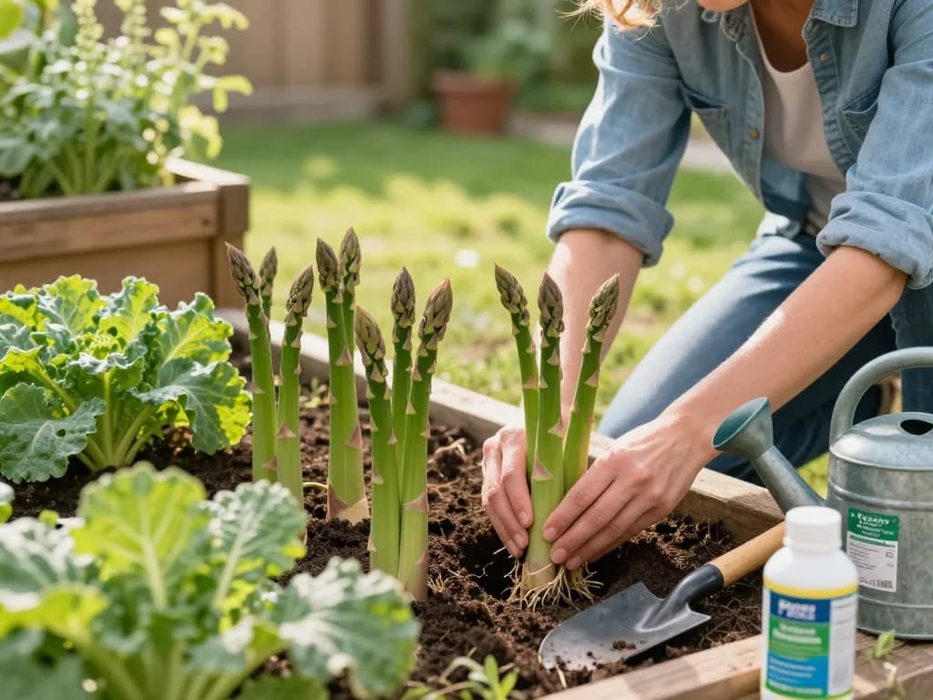 Planting Gijnlim green asparagus in a sunny garden, illustrating the process of grüner spargel pflanzen kaufen.