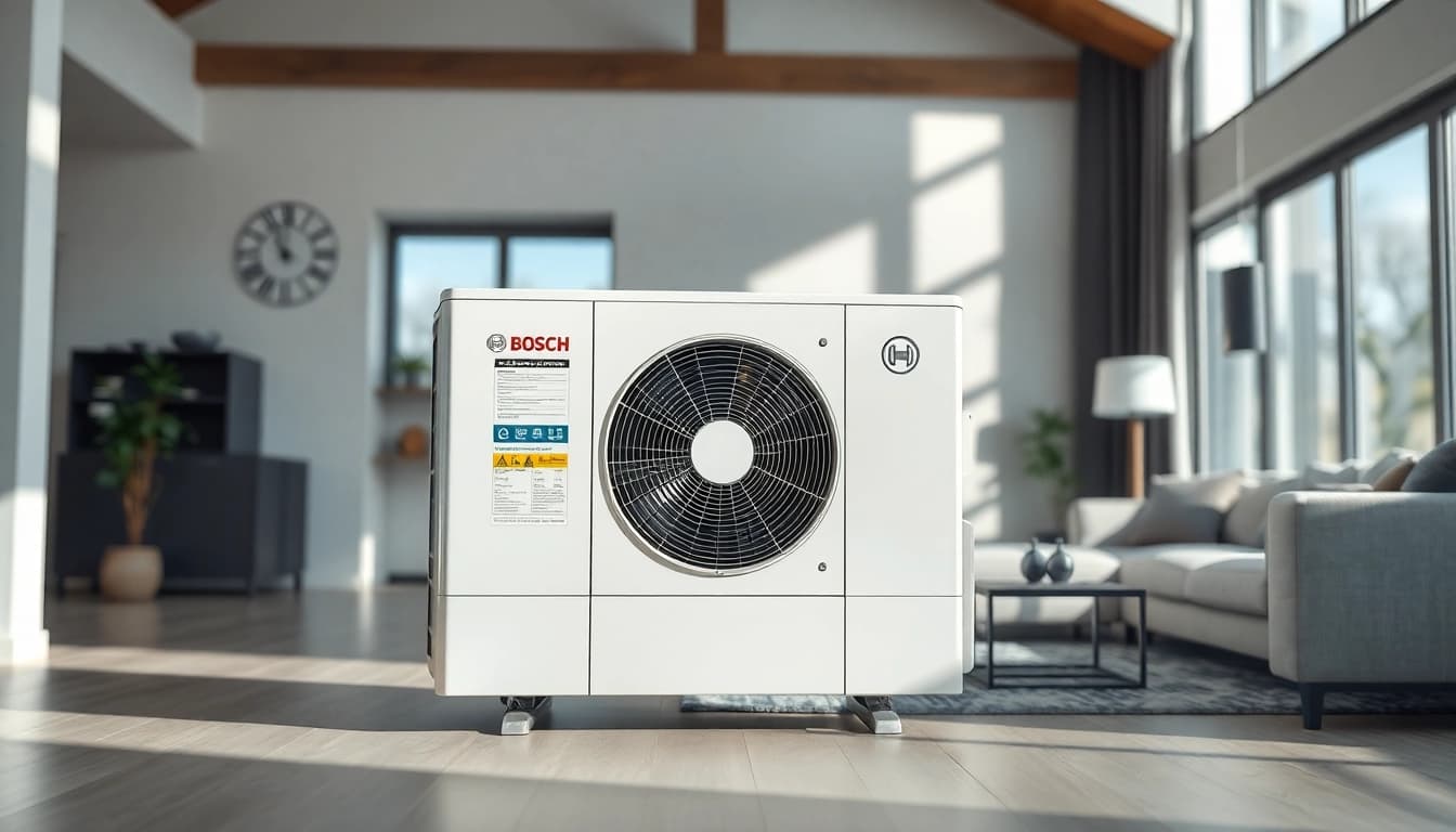 Installieren Sie eine wärmepumpe bosch in einem modernen Wohnraum mit eleganter Gestaltung.