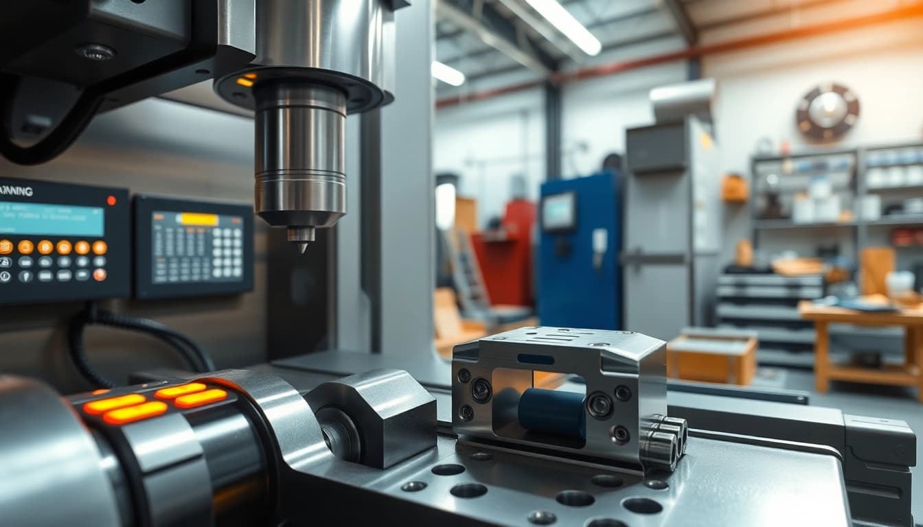 CNC Metallbearbeitung mit präziser Maschine, die hochwertige Metallteile bearbeitet.