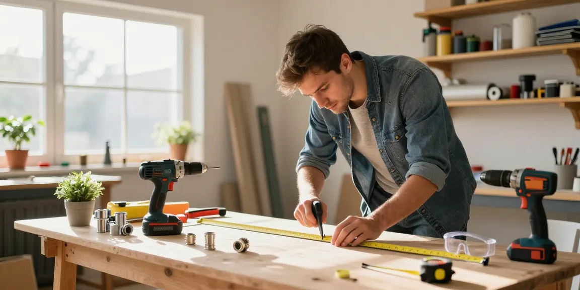 Engagierter DIY-Enthusiast, der Flexrohr in einer Heimverbesserungswerkstatt verwendet.