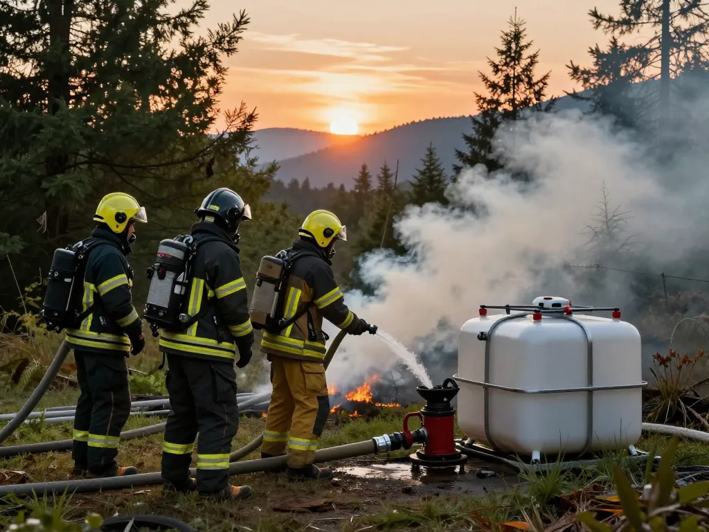 Löschwasserzisterne Planung Brandschutz demonstriert von Feuerwehrleuten an einem abgelegenen Ort, zeigt Notfallbereitschaft mit tragbaren Wasserreservoirs.