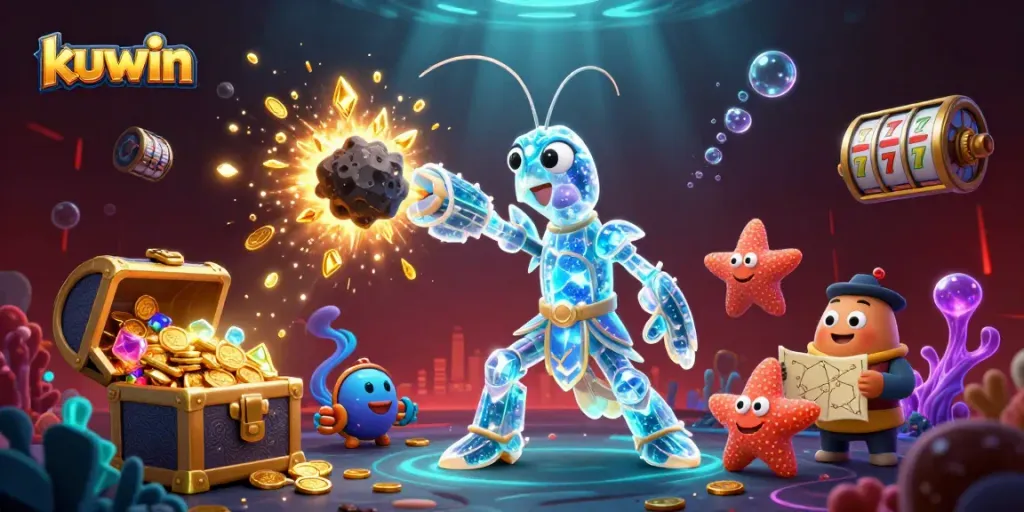 Kuwin casino vibrant scene with a galactic mantis shrimp amidst falling golden coins, celebrating online jackpots.