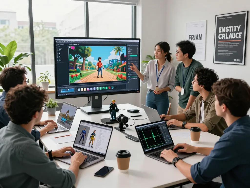 A vibrant motion control studio scene with a diverse team brainstorming AI-generated animations, showcasing creative collaboration and technology.