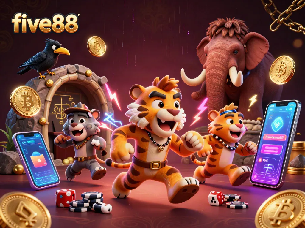 Engage with five88 as a captivating caveman-themed casino scene, featuring vibrant gaming elements.