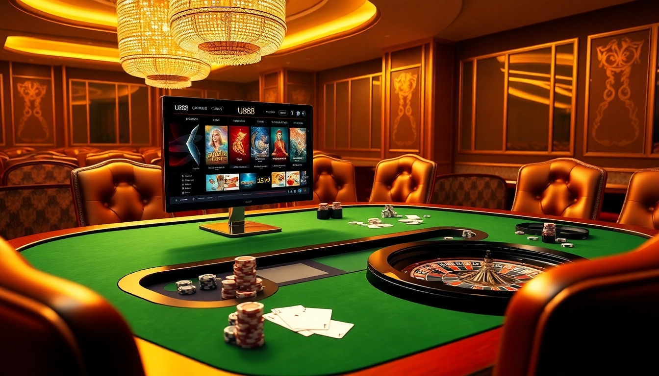 Experience the excitement of U888 online casino featuring vibrant gambling elements, poker chips, and a roulette wheel.