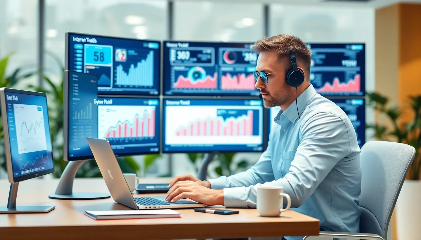 Analysieren von Internet Trends mit Datenvisualisierung in einem modernen Büro.