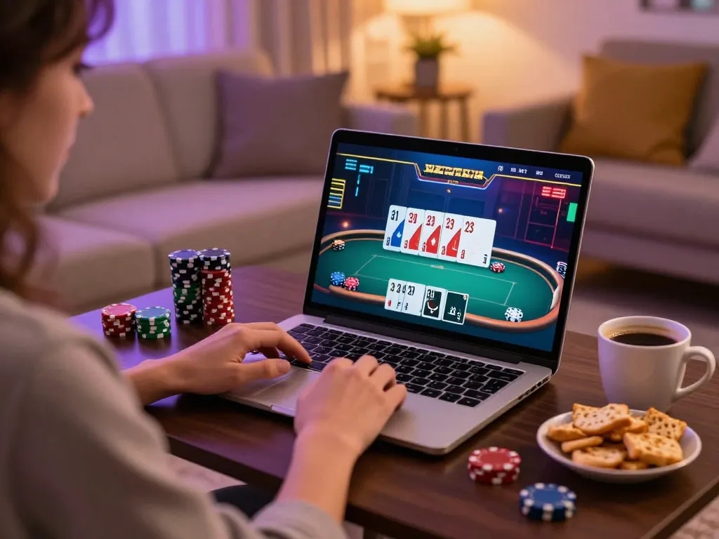 Engaging in online poker with soibetbiz on a laptop, cozy home setup promotes responsible gaming