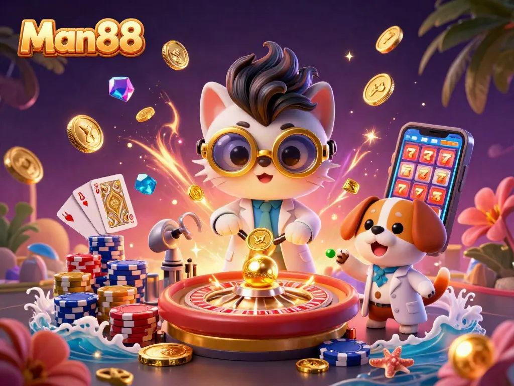 Experience exciting slots and jackpots with Man88's vibrant casino scene featuring playful characters.