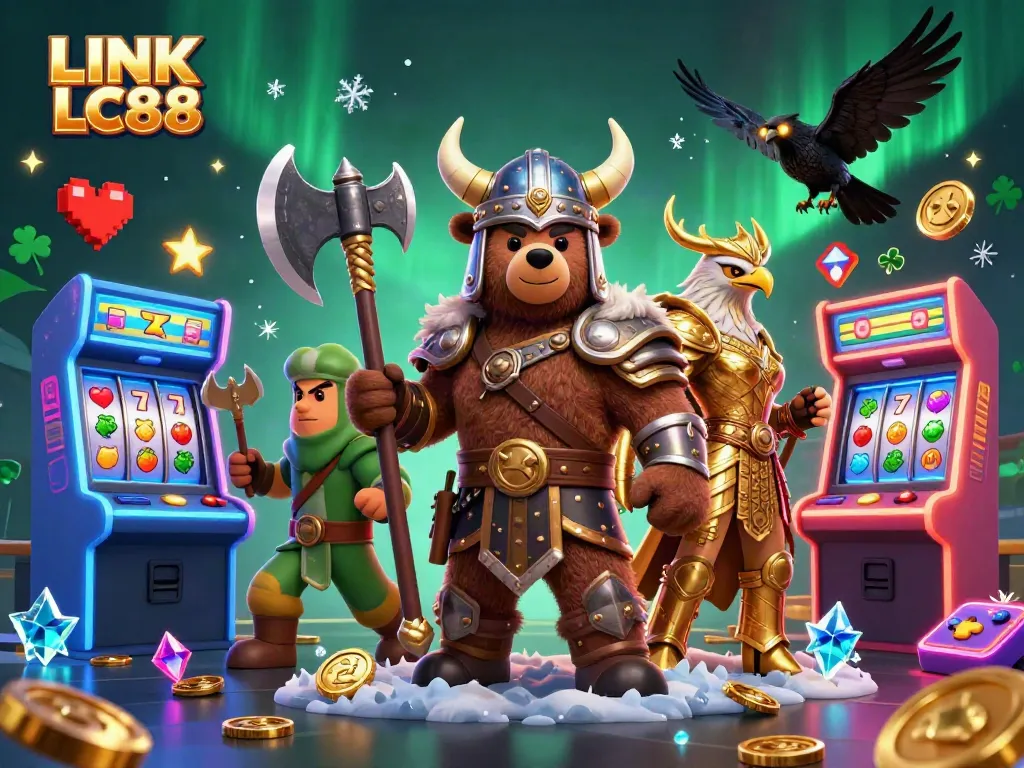 Engage in gaming excitement with LINK LC88 at this vibrant casino scene featuring a Viking berserker and Valkyrie.