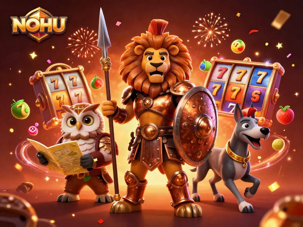 Experience electrifying wins at NOHU with the Spartan lion, owl, and greyhound amidst slot reels and dynamic visuals.