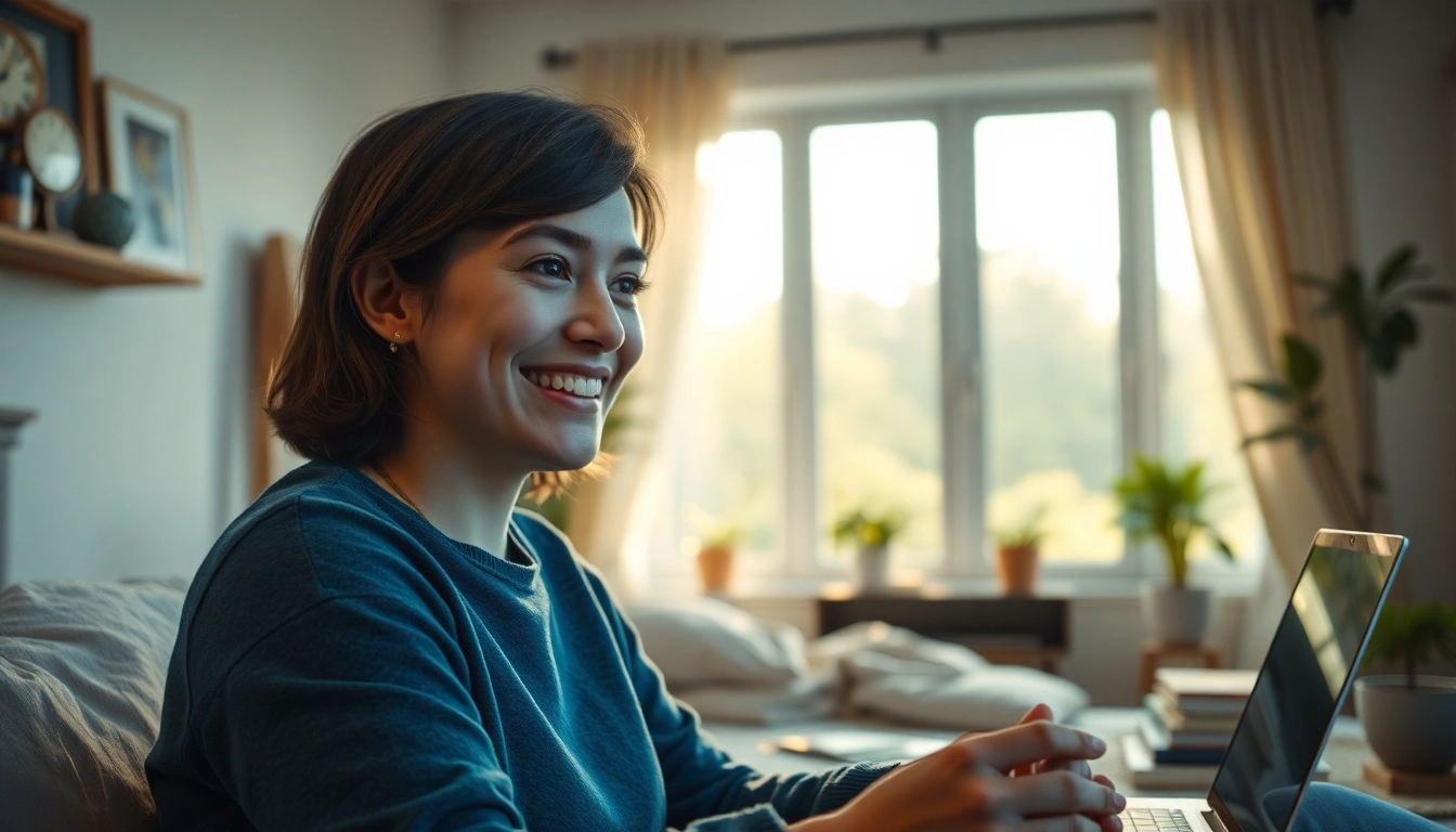 Junge Person kommuniziert fröhlich mit der KI-Girlfriend über ein digitales Interface.