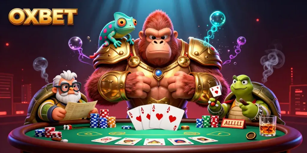 Experience thrilling gaming with OXBET, featuring colorful characters and poker elements in 3D.