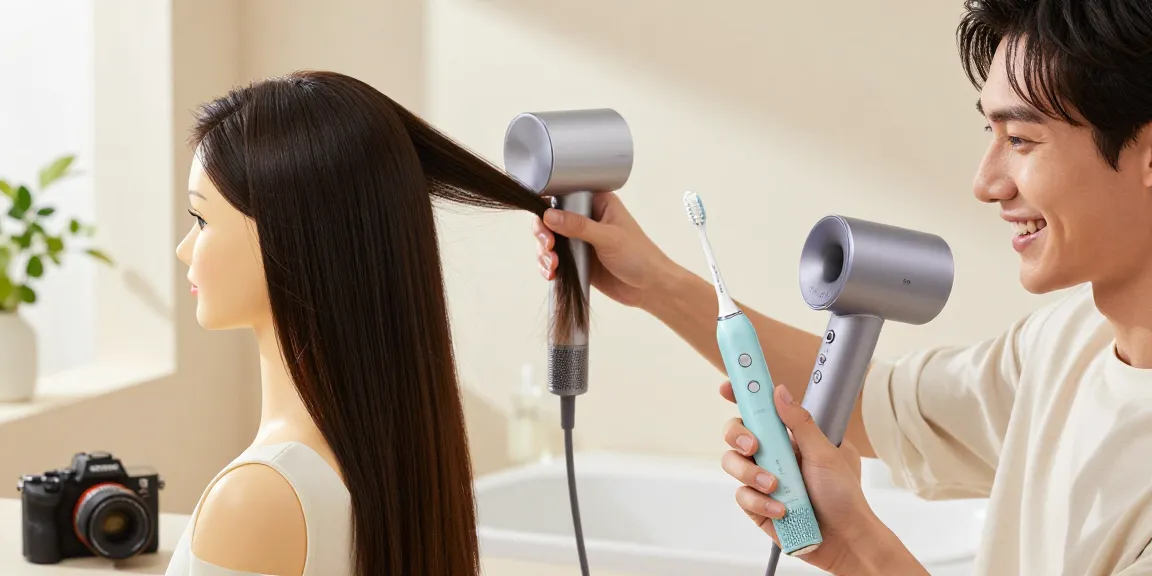 Laifen de hochwertige elektrische Zahnbürste und Haartrockner im eleganten Badezimmer mit lächelndem Model.