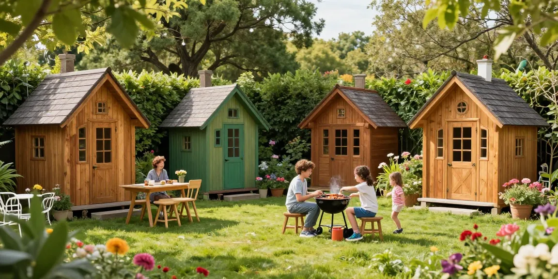 Verschiedene Gartenhäuser von McGarden24 in einem blühenden Garten, ideal für Familien und entspannte Nachmittage.