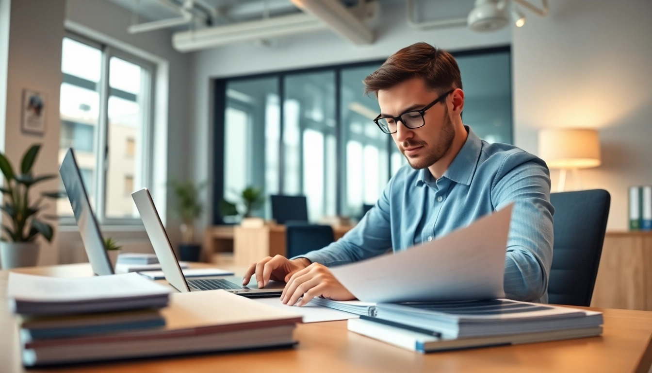 Beeidigter Übersetzer bei professioneller Übersetzungsarbeit in einem modernen Büro.