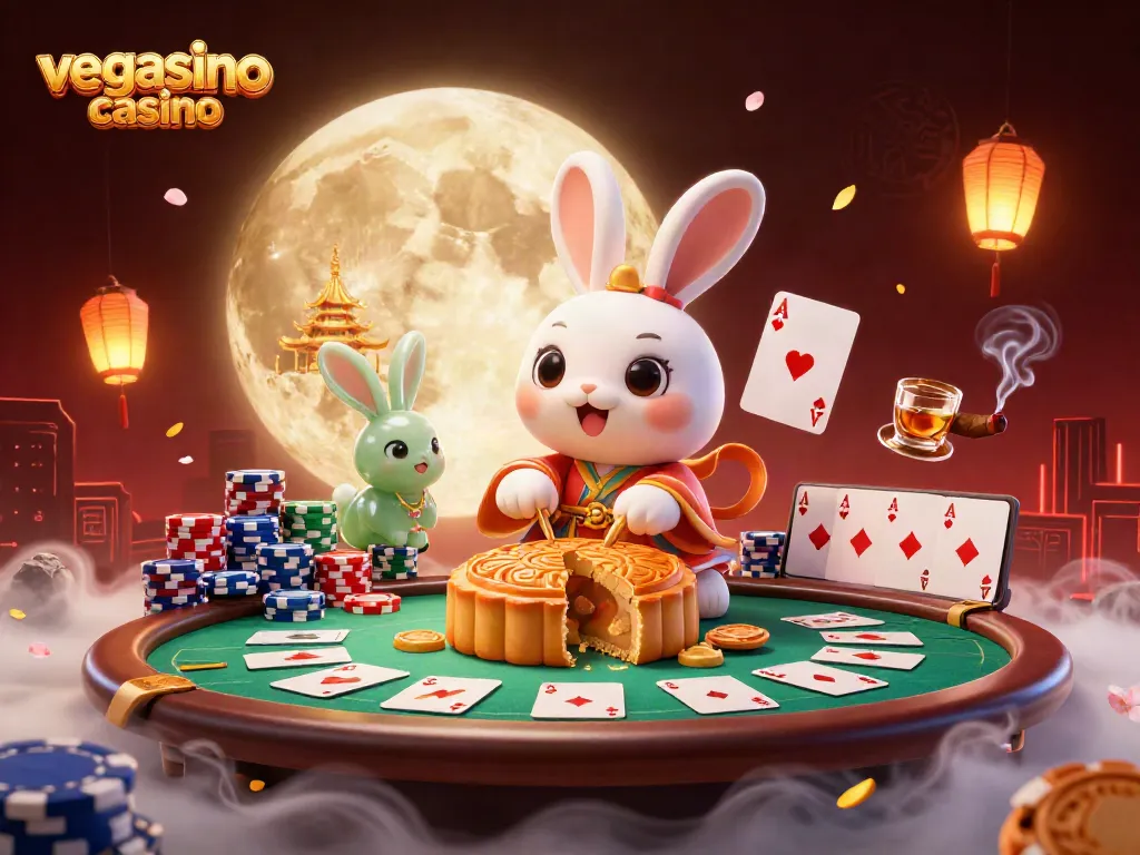 Experience the excitement of vegasino casino with this engaging 3D illustration of moon rabbits celebrating.