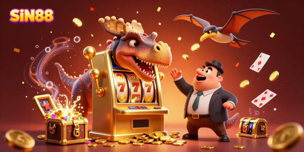 SIN88 showcases a dynamic gambling scene with cartoon dinosaurs playing slots, surrounded by exciting casino elements.
