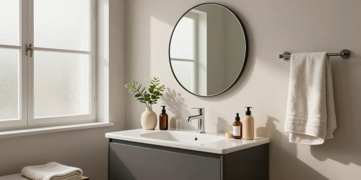 Stijlvolle badkamerspiegel boven een moderne badkamer wastafel met decoratieve elementen.