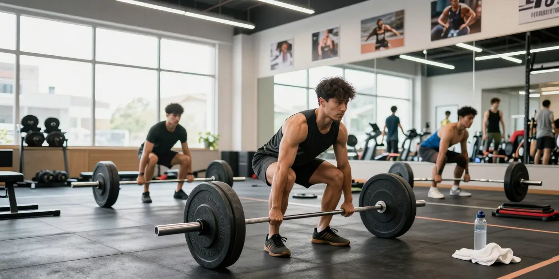 Der Athlet hebt Gewichte im Astera Shop Fitnessstudio, umgeben von Trainingsgeräten und motivationalen Plakaten.