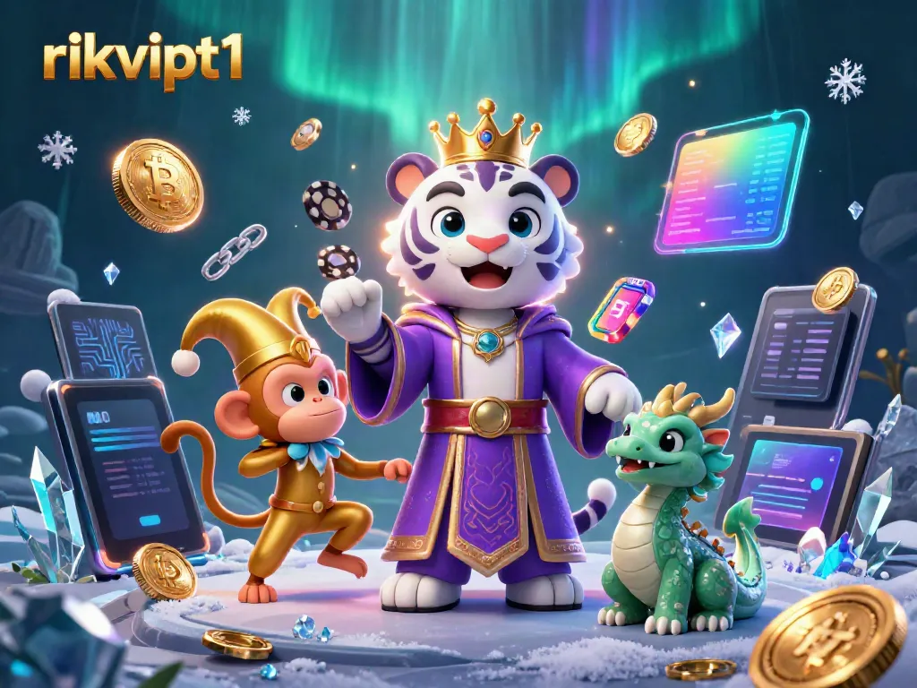 Engage in slots at rikvipt1 surrounded by a 3D cartoon white tiger, golden monkey, and jade dragon.