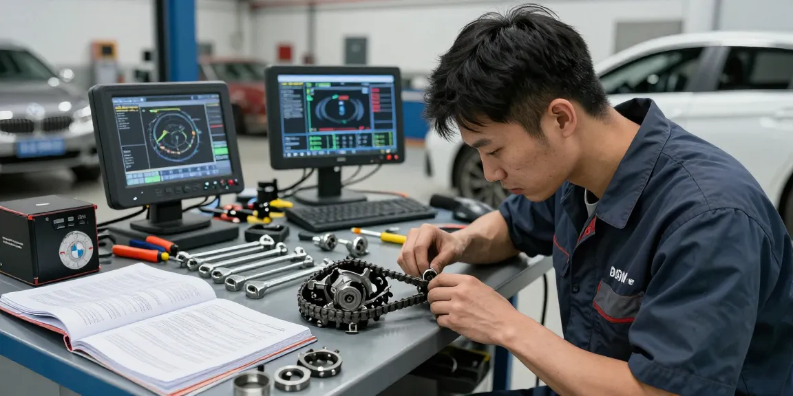 Professioneller Techniker wechselt die BMW Steuerkette in einer gut ausgestatteten Werkstatt.