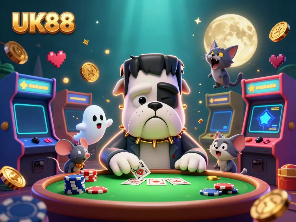 Join the thrilling action at UK88 with a vibrant 3D casino scene featuring unique characters and gaming elements.