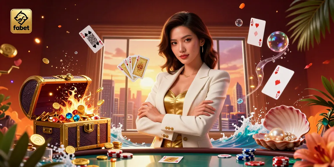 Engage with fabet's vibrant casino scene, featuring a powerful female card dealer amidst dynamic gaming elements.
