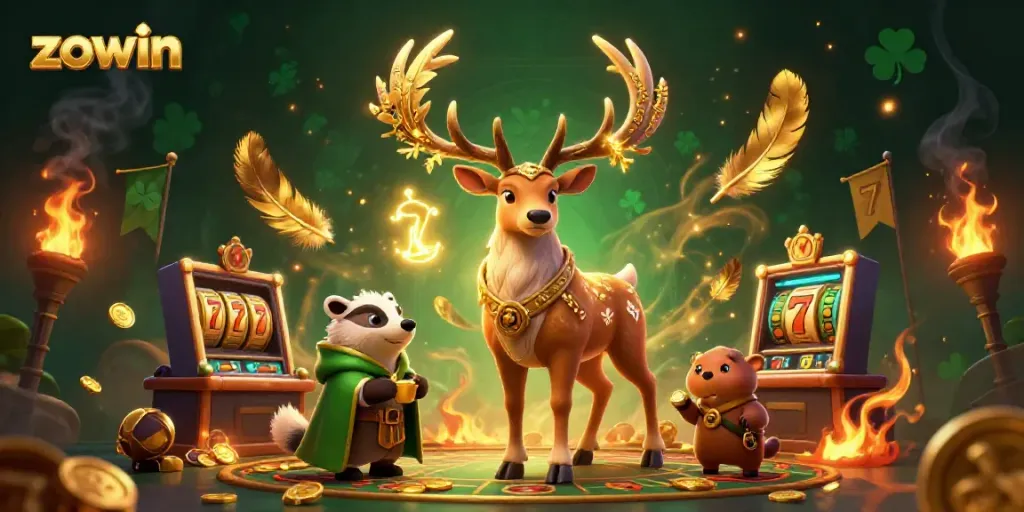 Experience zowi’s thrill at the vibrant online casino, surrounded by winning symbols and captivating lights.