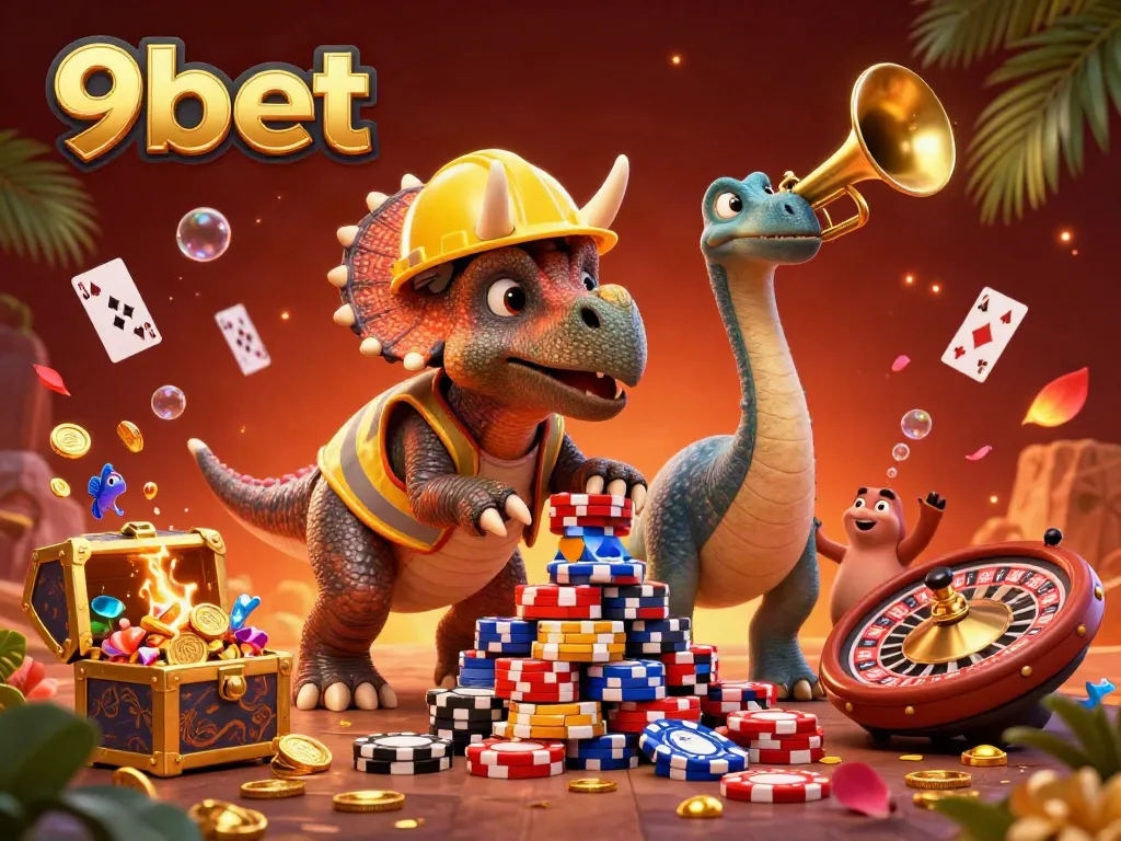 Win big with 9bet in this lively 3D illustration of casino-themed characters celebrating.