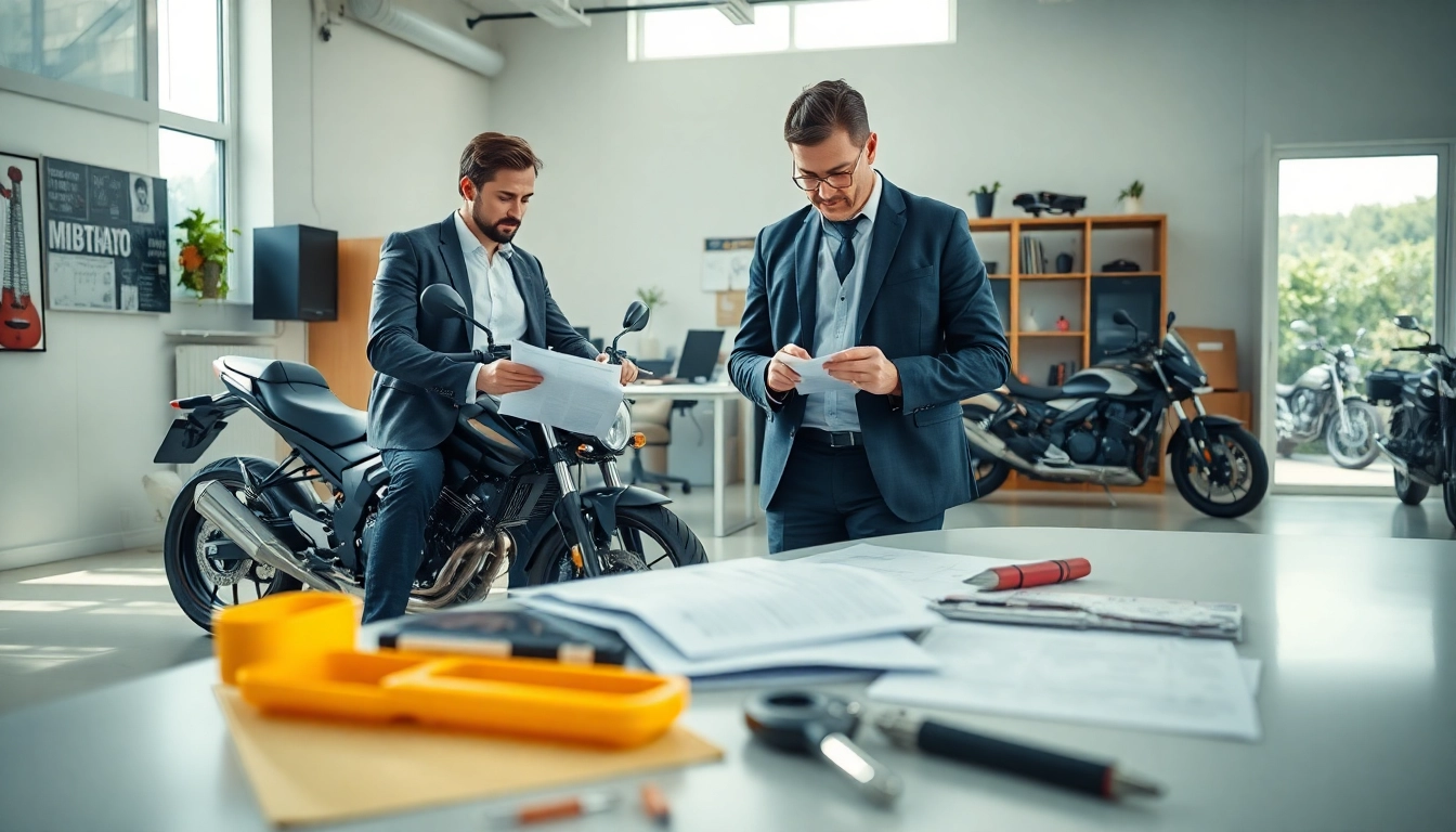 Erfahrene Experten führen Motorradgutachten Augsburg in einem hellen Büro durch.